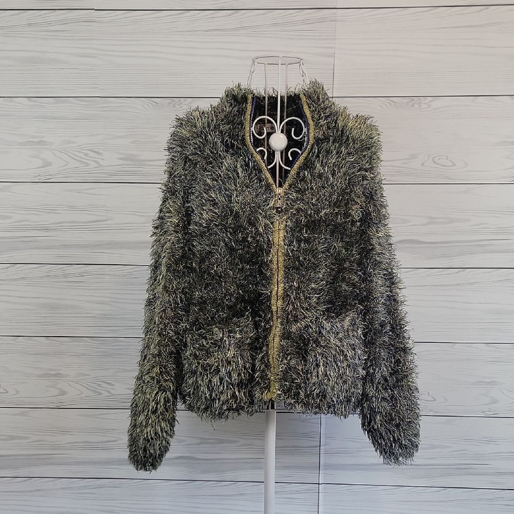 Jamie Sadock Eyelash Yarn Knit Zip Front Sweater Green & Blue Womens Size M